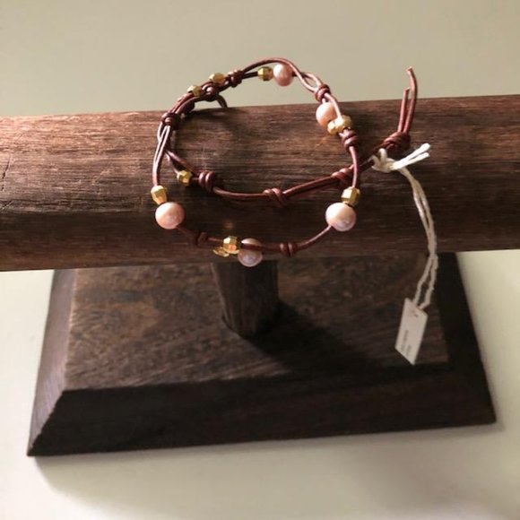CHAN LUU NAT PINK PEARL DOUBLE BRACELET, GOLD BEADS, BS-5177, BROWN LEATHER, NWT - Picture 2 of 5